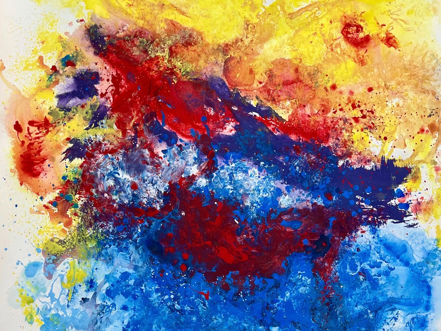 Moment Of Clarity-Sonarta. An elegant and refined abstract artwork designed to serve as a focal point in the space. Titled "Moment of Clarity," it captures a moment of clarity and understanding. The piece's harmonious color palette and thoughtful brushwork guide the viewer's eye along a serene path, with warm yellow tones in the sky and tranquil blue reflections that evoke a sense of calm and optimism for the future.
Moment Of Clarity is an Original design by Shahla Rahimi Reynolds.48" H 36" W.