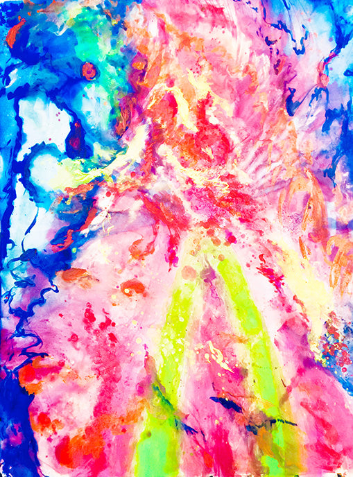 This is a vibrant piece with subtle dynamics and bold colors. Deep emotional spaces are explored with a heightened awareness of the mystery of the animal mind within us all. Angry Equine Handiwork is an Ink on Silk painting by Shahla Reynolds. This painting measures 32” W x 42” H.