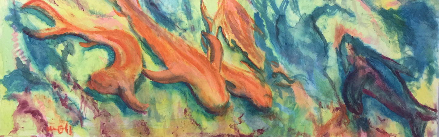 Naiads Gathering - Sonarta.com There is a Naiads Gathering in the garden and I am wondering what they are going to do this time. I like watching them because they are colorful and they always end up doing something amazing. This is an Ink on Silk painting by Shahla Rahimi Reynolds. Naiads Gathering is 24" H x 48"W.