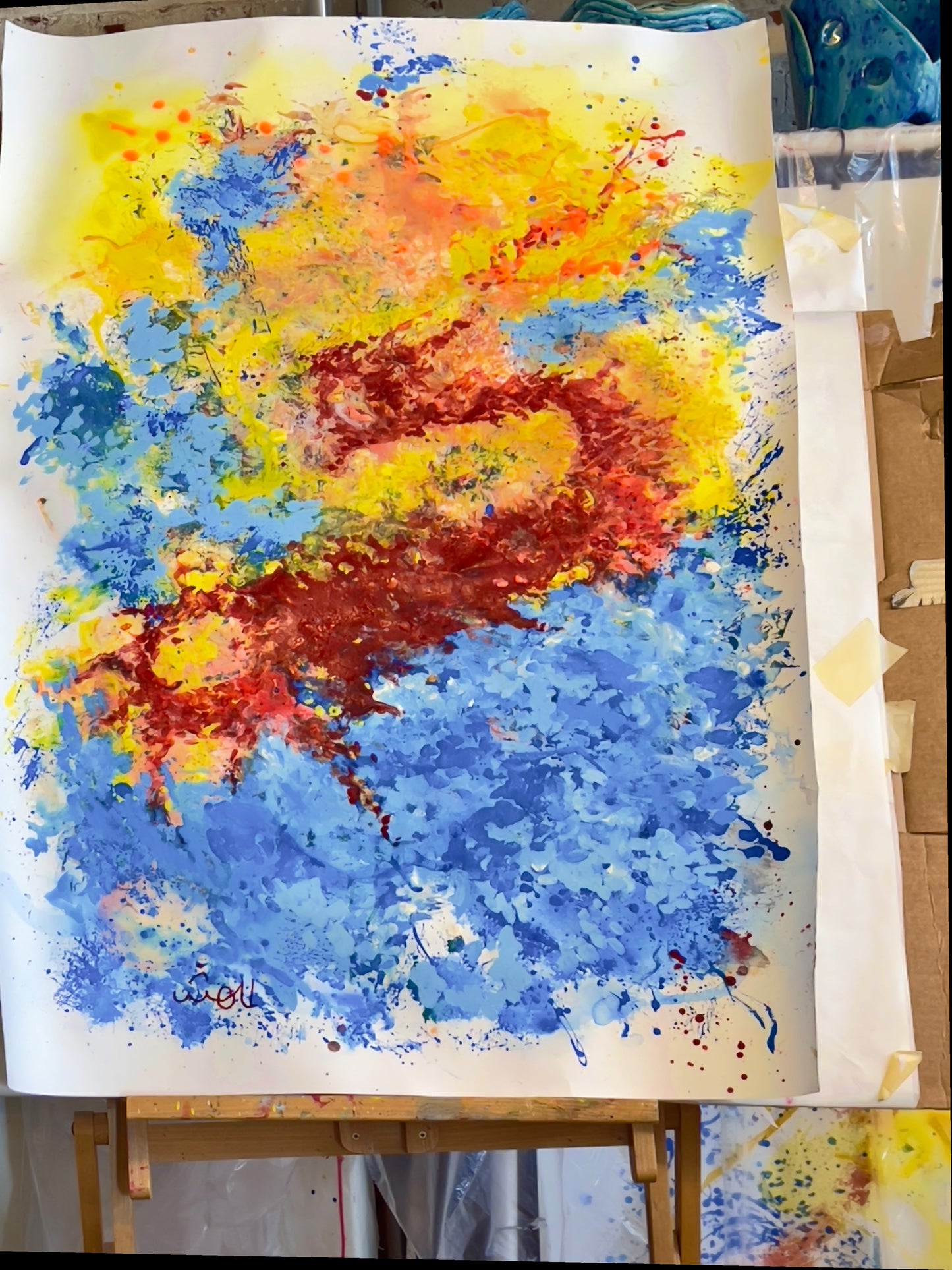 Halley's Comet/Sonarta.com, Halley is fast and moving through space with no direction, which means it may land anywhere. As it passed Earth, while waving it's tail, it reminded us of it majestic size and beauty. The piece has movement, energy and it all comes together at the end to make it happen. The blues representing the space are calm, but yet mysterious. The yellow is the energy created by its flow through the space and reds form a long body created from the Star dust meterials. I like my Halley !