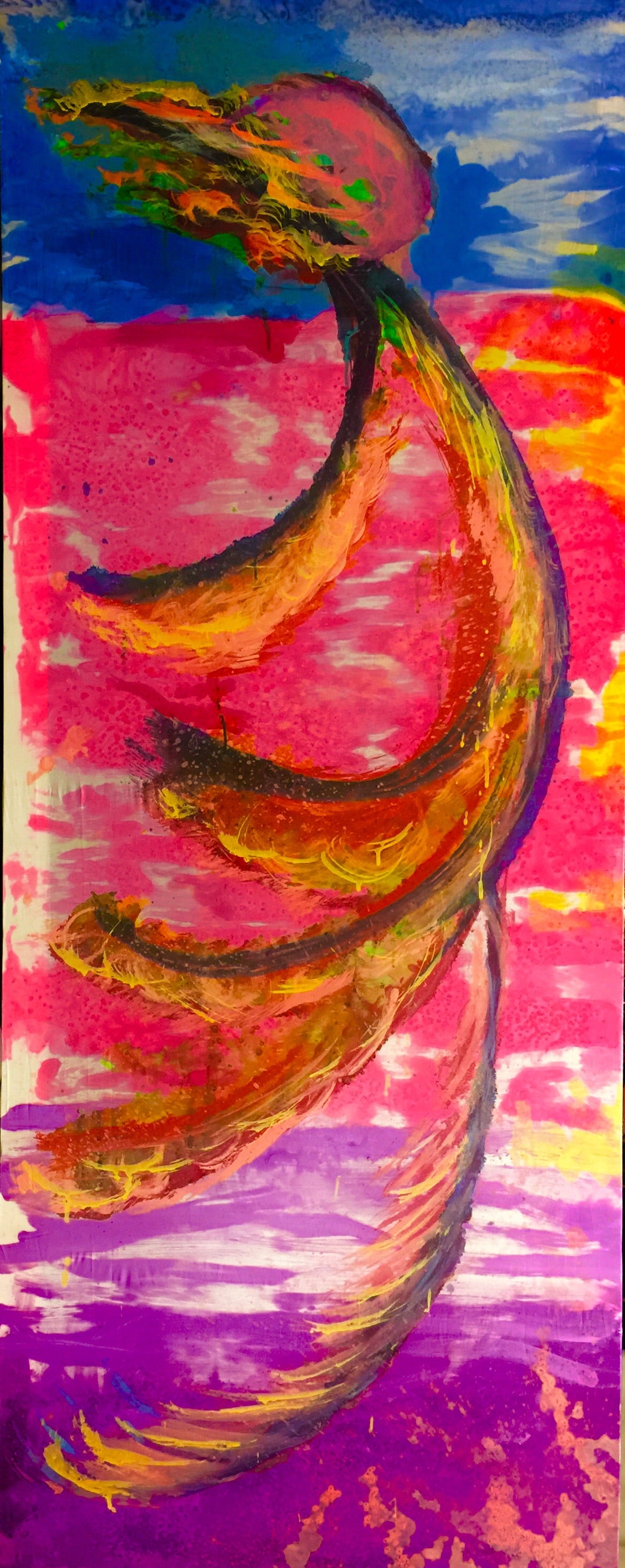 Fire Flies I - Sonarta.com Hot summer nights, they are all over the garden, shimmering and dancing everywhere. As the fire flies wave their little wings, filled with feeling of joy let's dance with them. This is an Ink on Silk painting by artist Shahla Reynolds. Fire Flies I is 29” W x 59” H.