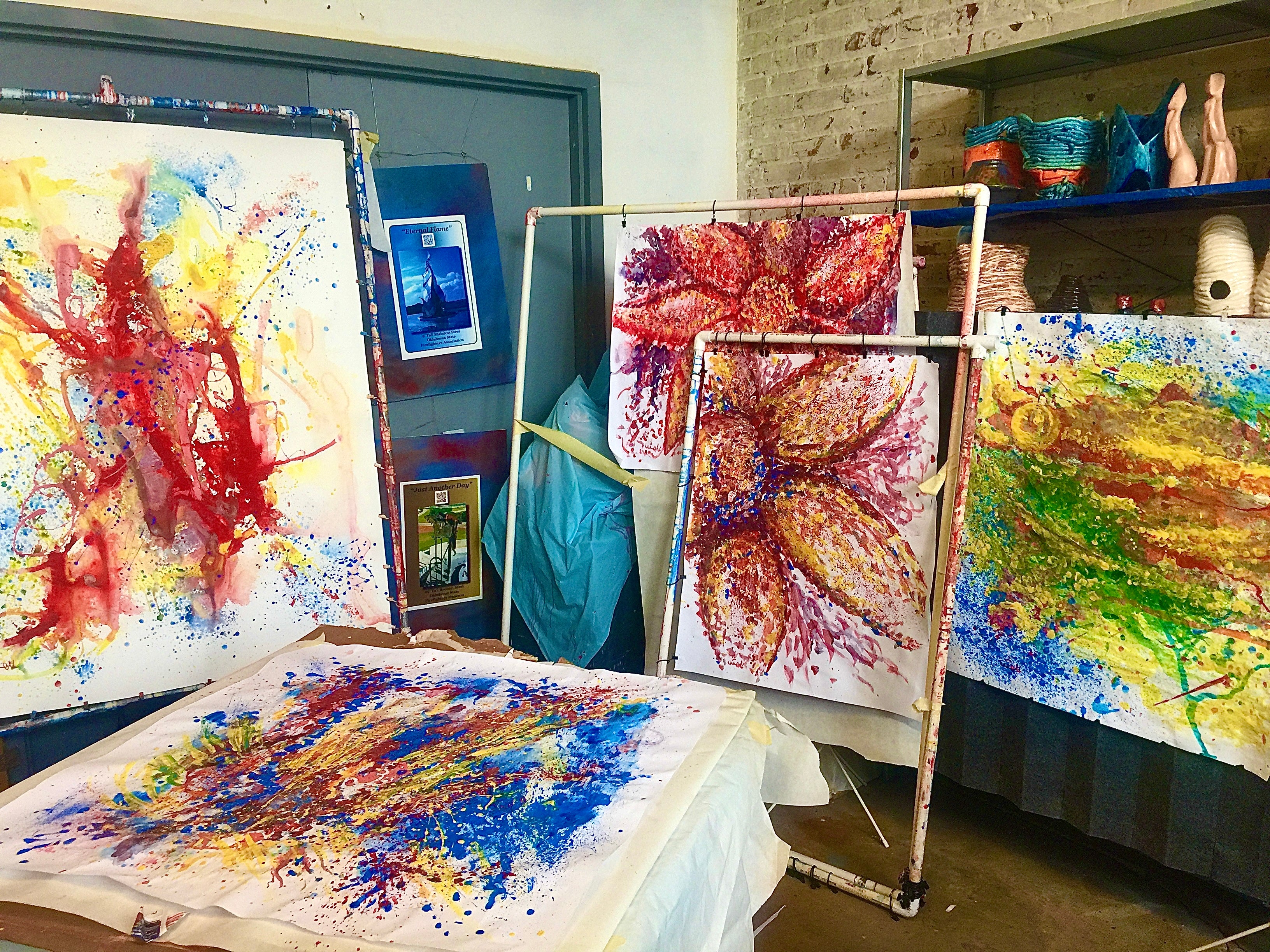 This is a view of Shahla's Studio, where you find Large Contemporary Bold and beautiful Acrylic on Paper Paintings.