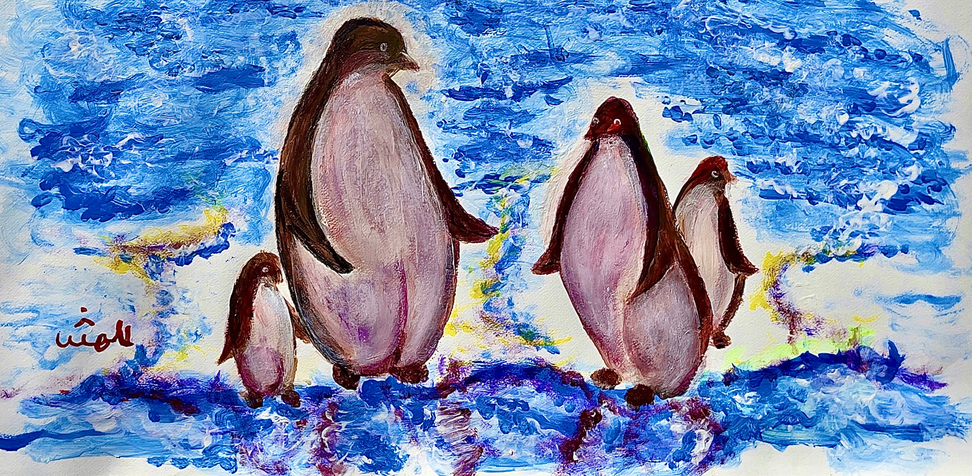 Yet another Cute and Loveable Painting of Penguins, right?!  I love how they are so comfortable in that cold and peaceful place.                                    This one is already called for and it is going to an amazing kid, who loves penguins. So, check out the site as i will be painting more of them soom.  Pink Belly Penguins" painting is an original Acrylic on Paper design by Shahla Rahimi Reynolds.  It is 14" H x 29" W. 
