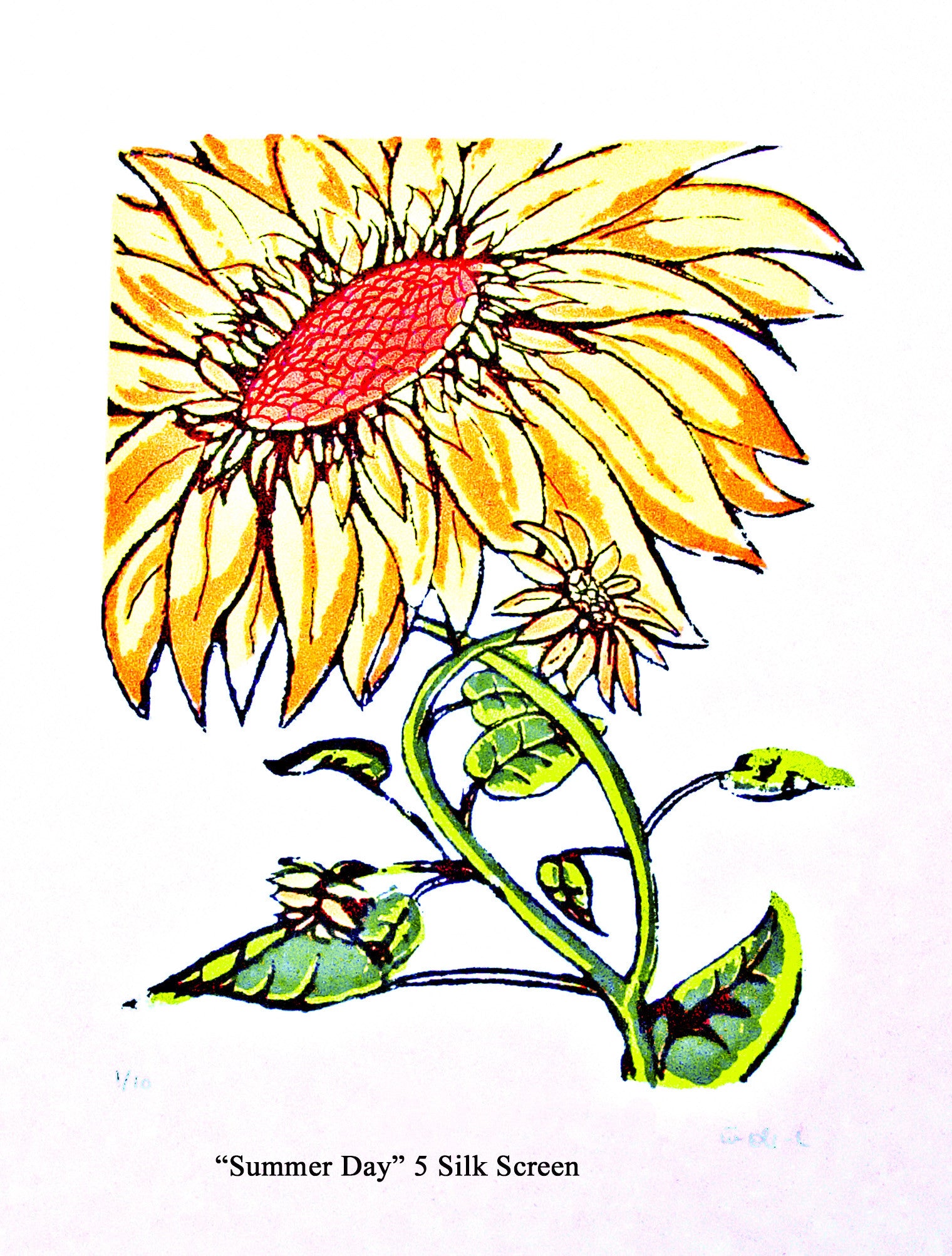 Summer Flower - Sonarta.comAhhhh, Summer days and sunflowers everywhere, This print will always bring the warmth of summer and beautiful gardens to your space. Its' deep yellow and green colors are full of energy and happiness. The "Summer Flower" is a Silkscreen Drawing on Paper. There are  10 prints available in this Limited Edition collection so you can be one those 10, who one. It is 19.5" Wide and 23.5" High. 