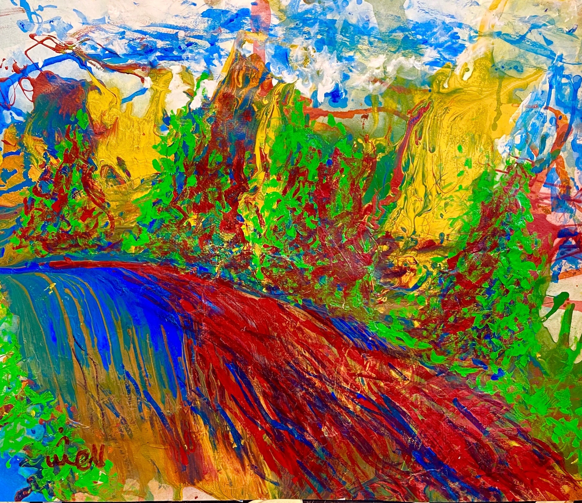 Quietly “Strolling Down the Hill Top”   “Strolling Down The Hill Top” is an Acrylic on Paper be Shahla Rahimi Reynolds.  it is  25.5” H x  20.75”“ W.