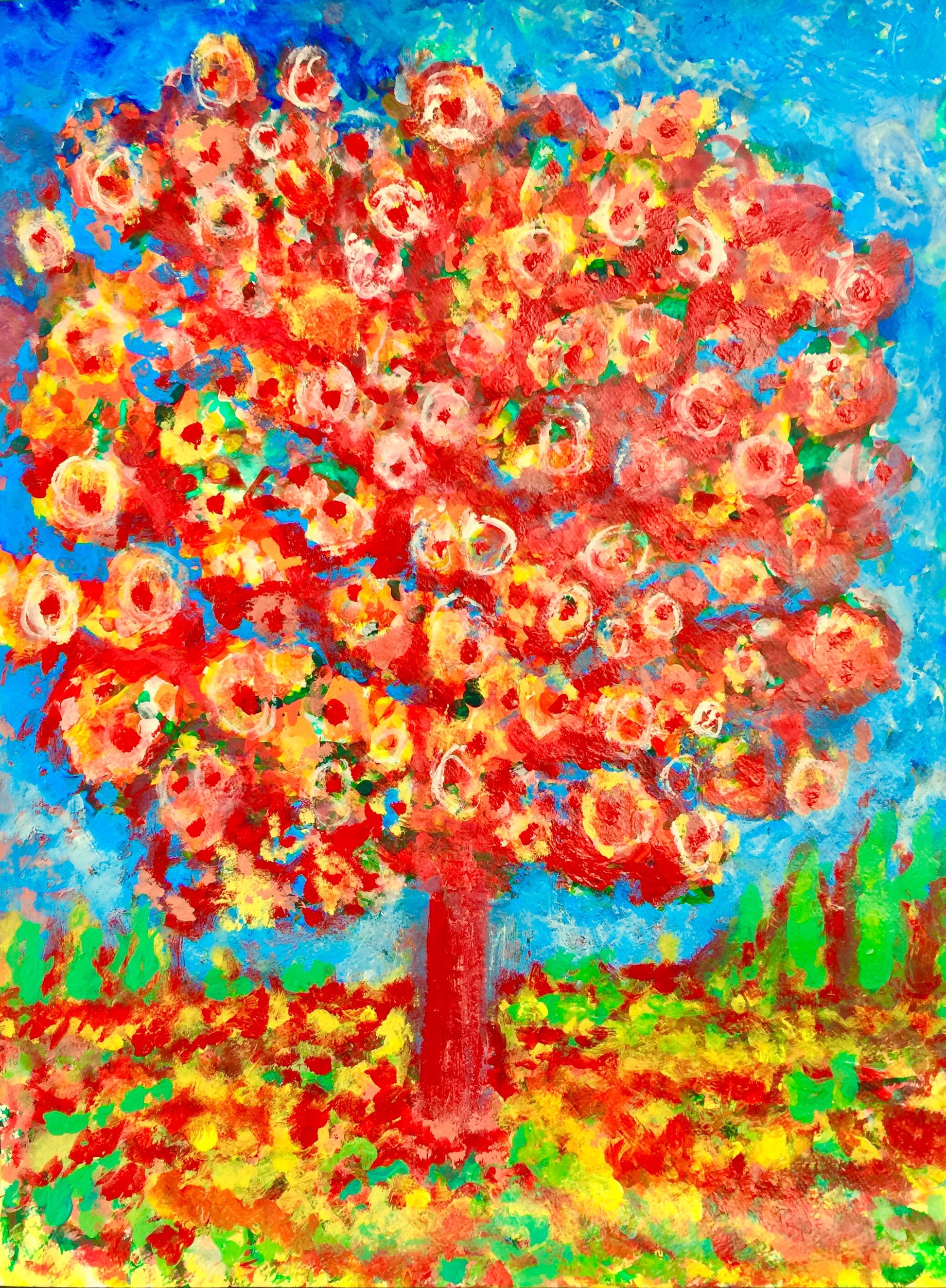Since the beginning of COVID-19 Quarantine, I have started a series of “Live” paintings titled ”Rising Phoenix” . You know it is spring, when you see those gorgeous Cheery Blossoms on Trees.  This is an Acrylic on  Paper painting by artist Shahla Rahimi Reynolds.  It is  24” H x 21” W.