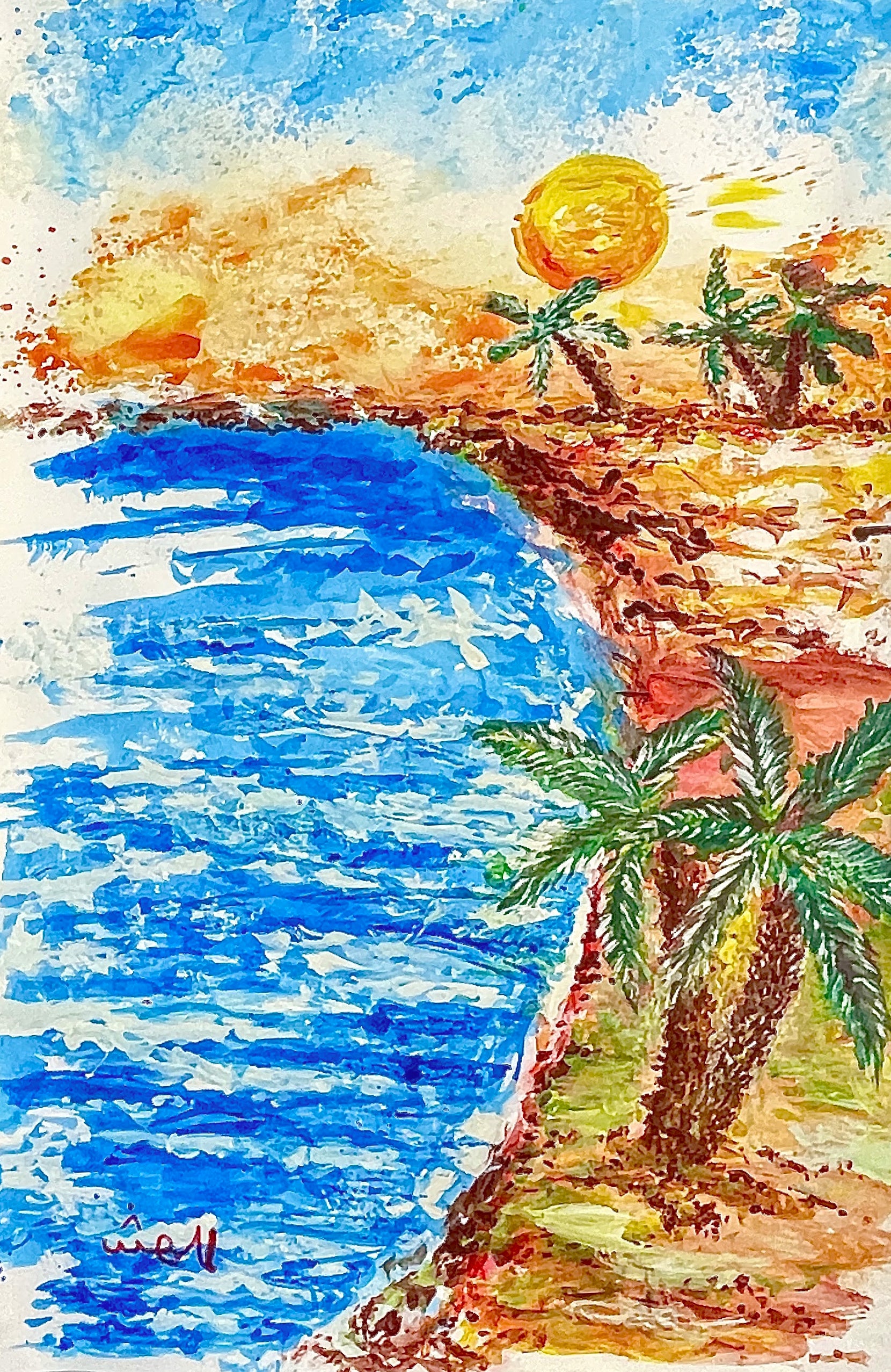 BEHRAYM-Sonarta.com, This beach scene painting is dedicated to everyone in ABADAN . The setting is acsunset at the beach with calm waves. This is a perfect time and place for a walk.  An Acrylic on Paper Wall Art Decor was created by Shahla Rahimi Reynolds.  The painting is 48” H x 30” W. #shahla_rahimi_reynolds