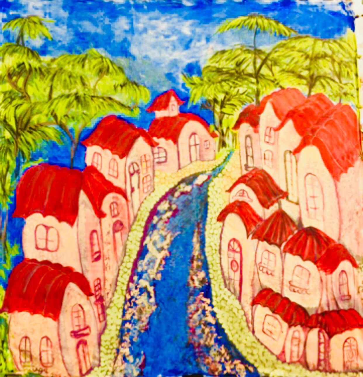 Serenity’s Bend of the Brook - Sonarta.com    Ink on Silk painting   When I was walking in Naatan Village along side the houses, I felt  a sense of serenity following the steam. There were moments that they (houses) seemed to be happy to see me there.   Serenity’s Bend of the Brook is a Ink on Silk paingting by Shahla Rahimi Reynolds.  Serenity’s Bend of the Brook is 45” W X 46” H.