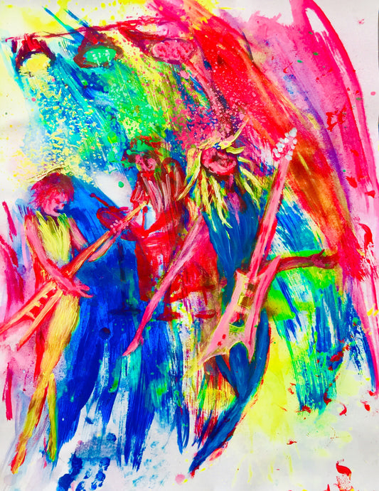 “ROOSTER” Rock On - Sonarta.com To all you musicians, keep Rockin’ “You make the world go around” This painting is an Acrylic on Paper by Shahla Rahimi  Reynolds.  "Rooter" Rock On is 27”  H  x 21” W.. 