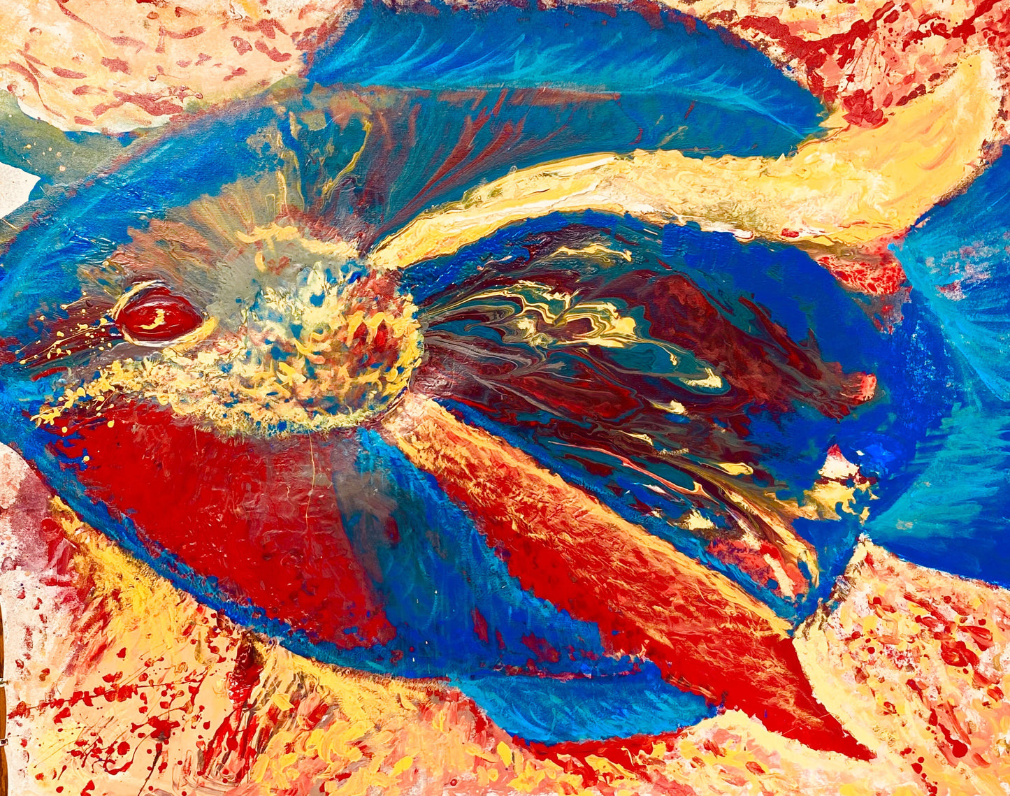 soboor- Sonarta.com During COVID-19 Quarantine, I started a series of “Live” paintings titled ”Rising Phoenix”. "Soboor" is one of these paintings and it is also a beautiful fish which covers the entire Arvandrud RIver. To celebrate the first day of spring, we served Soboor as the main dish for lunch and the leftover was served for dinner.  This is an Acrylic on Canvas painting by artist Shahla Rahimi Reynolds. Soboor is 56” H x 47” W.